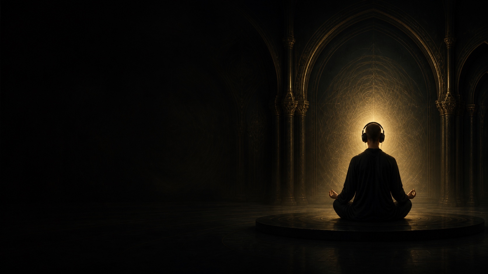 A serene listener meditating in lotus posture with over-ear headphones inside a dark gold School of Gnosis sanctuary